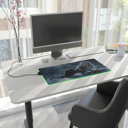 Marvel Mouse Pad, Black Cat LED RGB Desk Mat, Gift for Gamer, RGB Room Decor on modern desk with green LED lighting