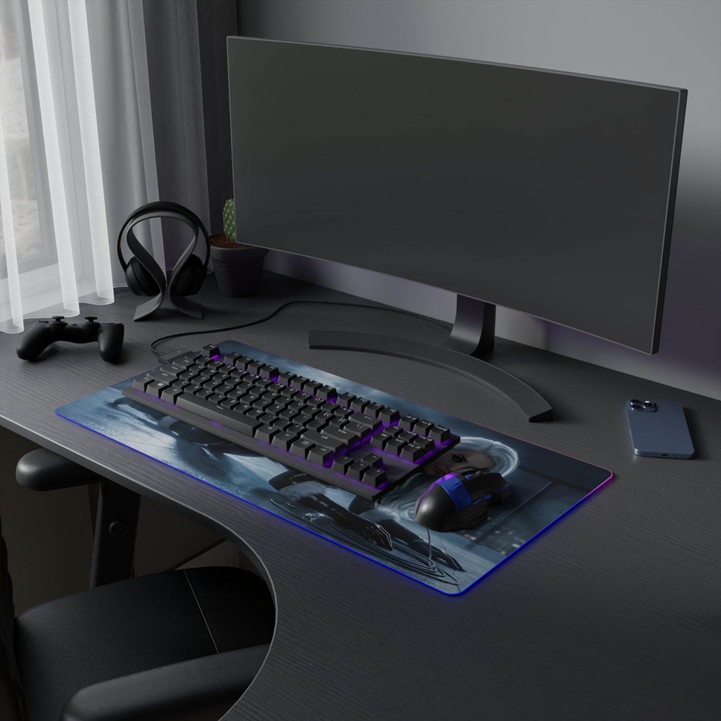 Marvel Mouse Pad, Black Cat LED RGB Desk Mat, Gift for Gamer, RGB Room Decor — large RGB gaming desk mat with Black Cat rooftop artwork and smooth precision surface