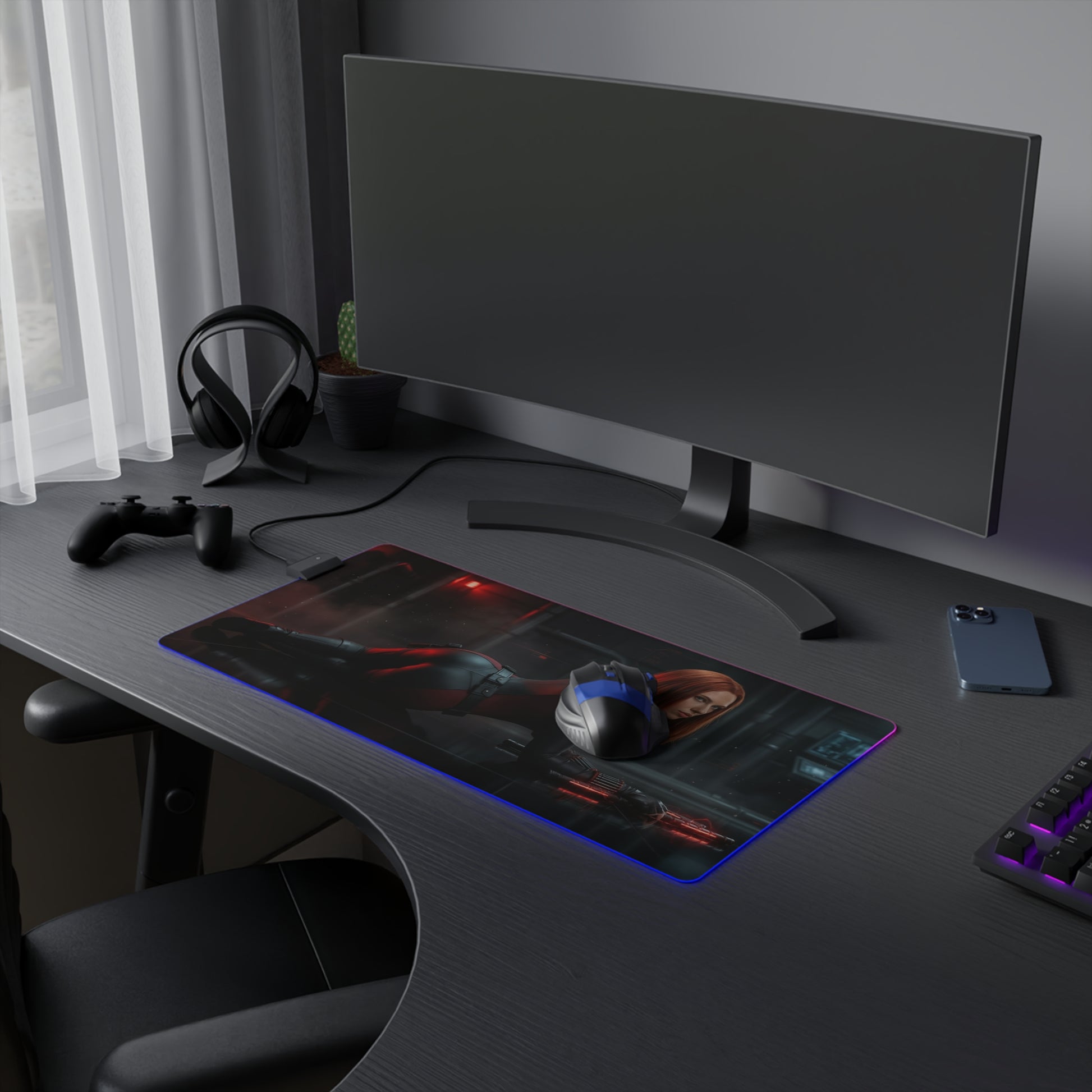 Marvel Mouse Pad, Black Widow RGB Gaming Desk Mat, Gift for Gamer, Gamer Room Decor — sleek Black Widow artwork on RGB large desk mat