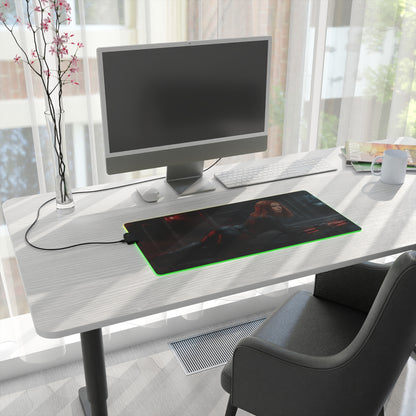 Marvel Mouse Pad, Black Widow RGB Gaming Desk Mat, Gift for Gamer, Gamer Room Decor on modern white desk with PC and green RGB edge