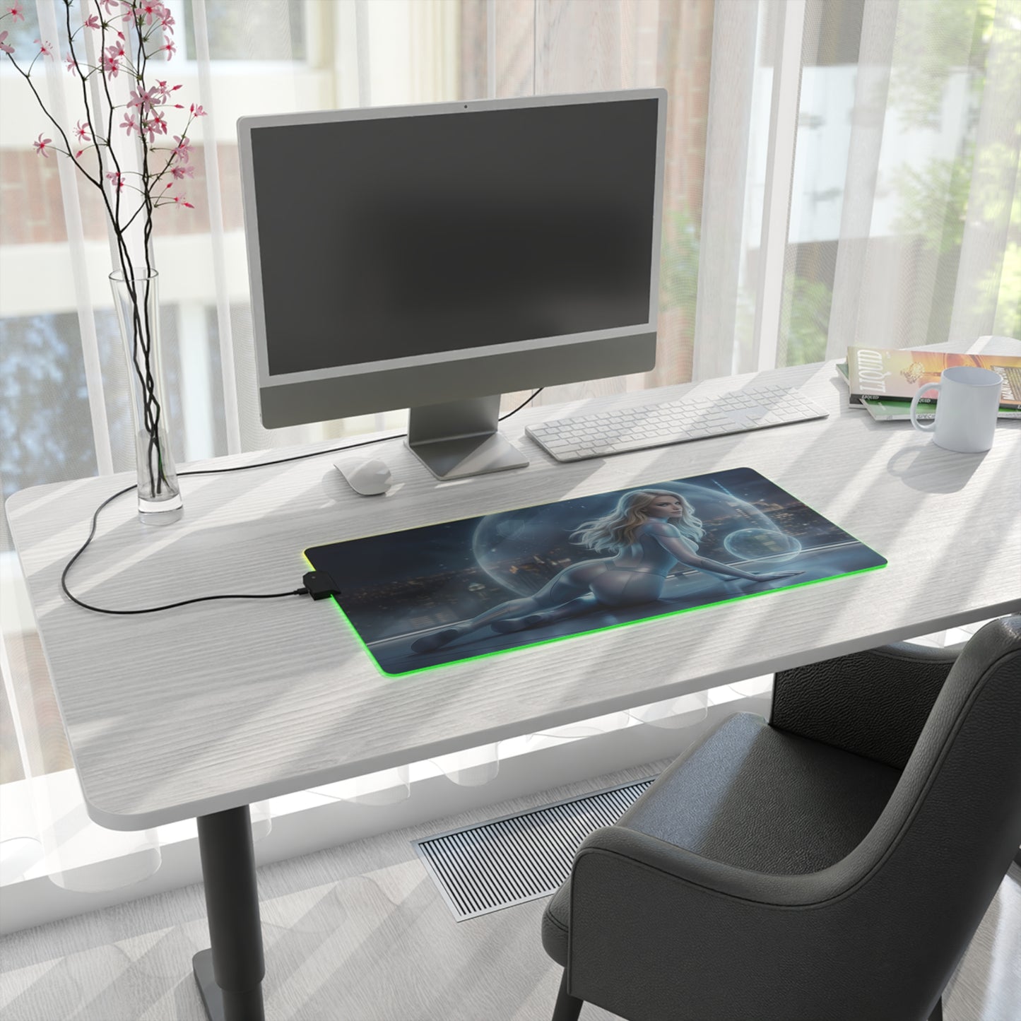Marvel Mouse Pad, Invisible Woman Illuminated LED Desk Mat, Gift for Gamer - sleek LED gaming desk mat with Invisible Woman artwork and green edge lighting