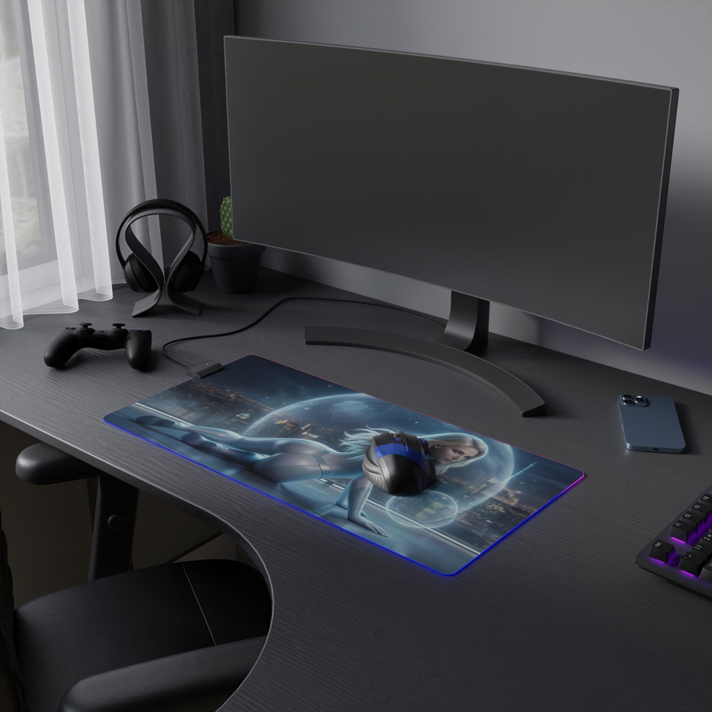 Marvel Mouse Pad, Invisible Woman Illuminated LED Desk Mat, Gift for Gamer on black gaming desk with RGB glow and wireless mouse