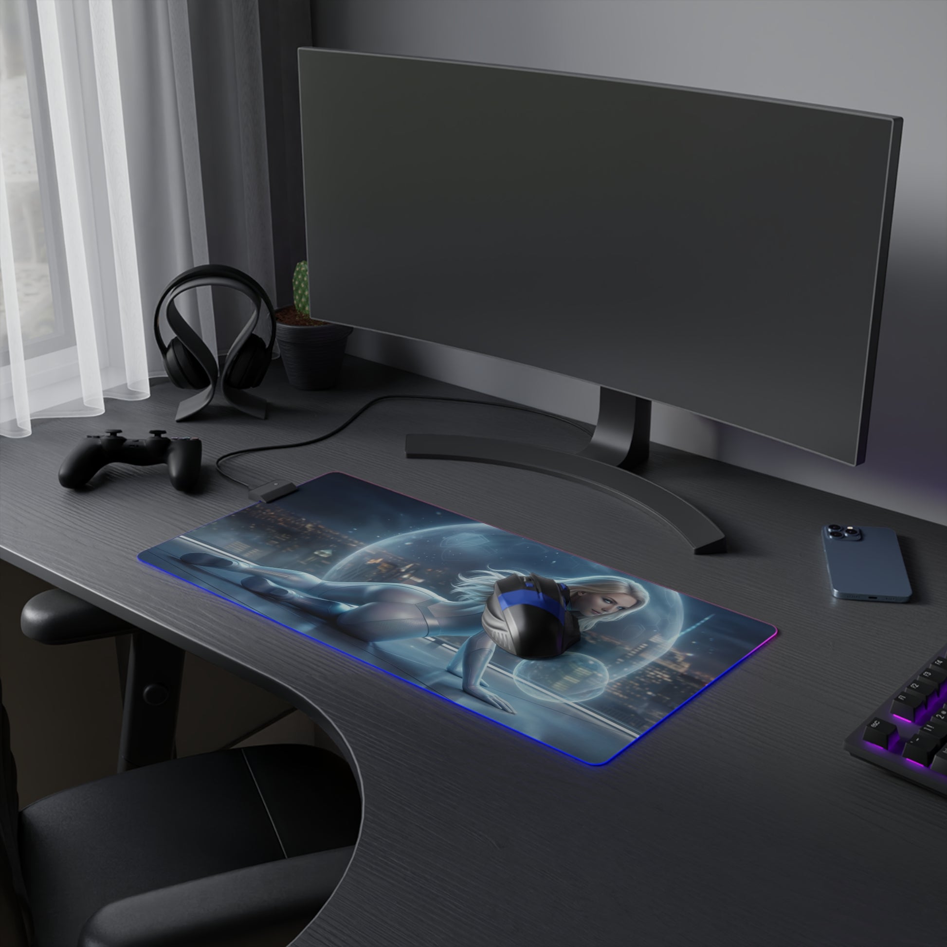Marvel Mouse Pad, Invisible Woman Illuminated LED Desk Mat, Gift for Gamer on black gaming desk with RGB glow and wireless mouse