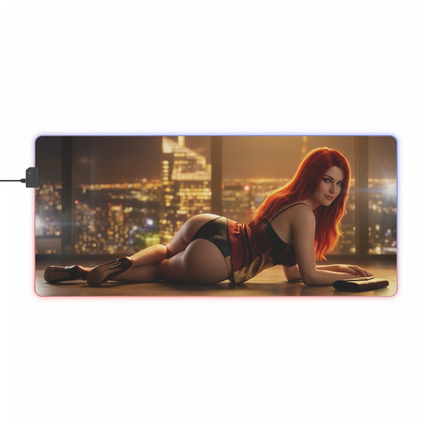 Marvel Mouse Pad, Mary Jane LED RGB Desk Mat, Gift for Gamer, Superhero Room Decor — red-haired Mary Jane reclining on lit city-night gaming desk mat