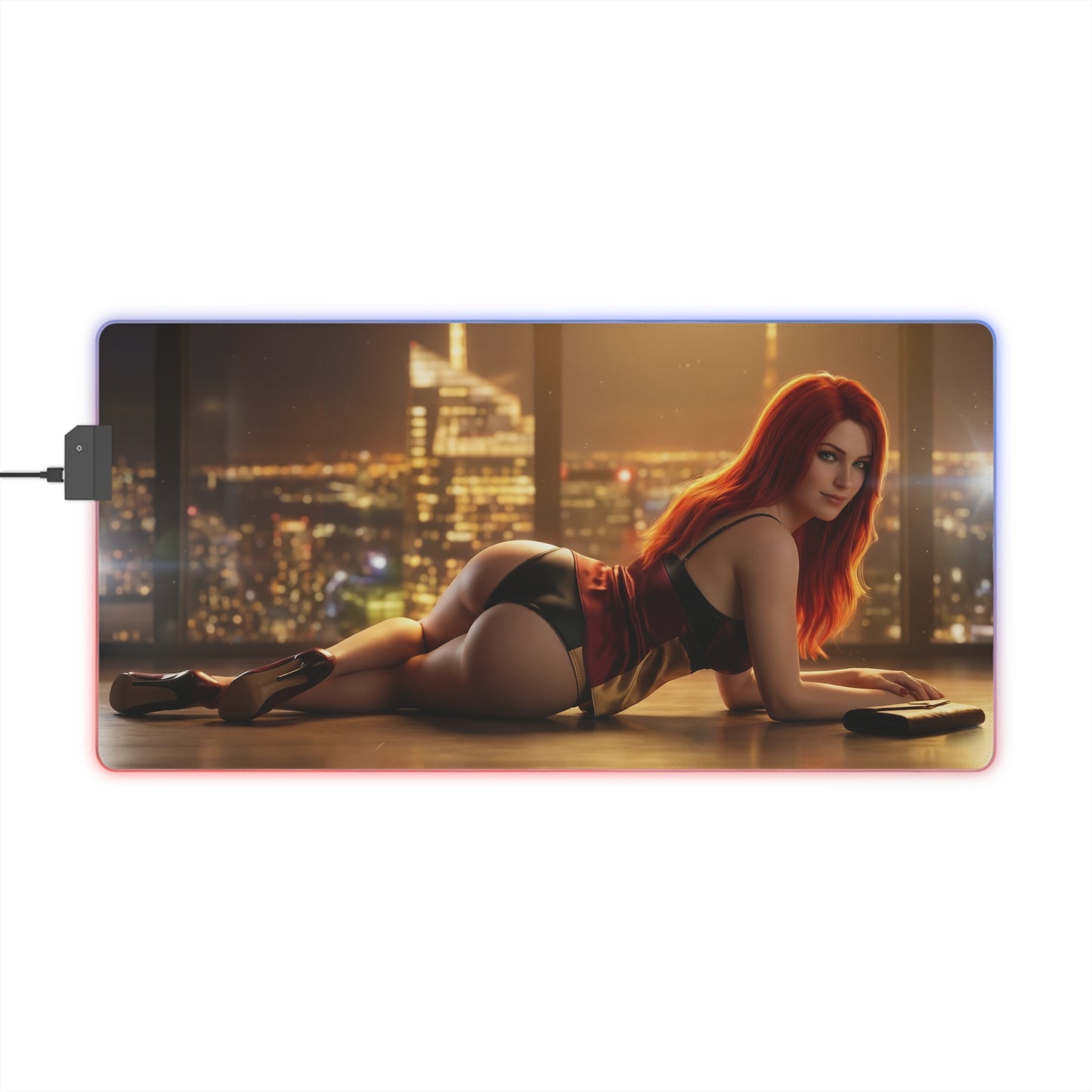 Marvel Mouse Pad, Mary Jane LED RGB Desk Mat featuring Mary Jane in red outfit on city-night skyline LED gaming desk mat — gift for gamer and superhero room decor