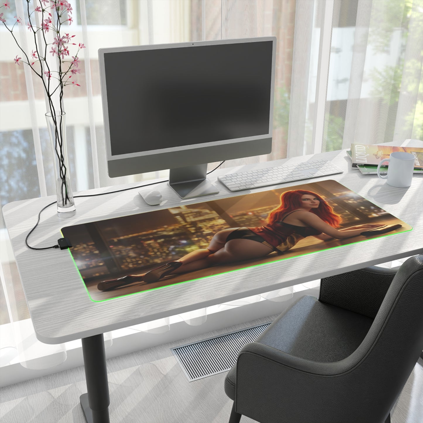 Marvel Mouse Pad, Mary Jane LED RGB Desk Mat, Gift for Gamer, Superhero Room Decor on desk with city skyline artwork and RGB edge