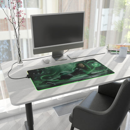 Marvel Mouse Pad, Polaris LED RGB Desk Mat, Gift for Gamer, Superhero Room Decor showcasing green-powered superhero artwork on a gaming desk