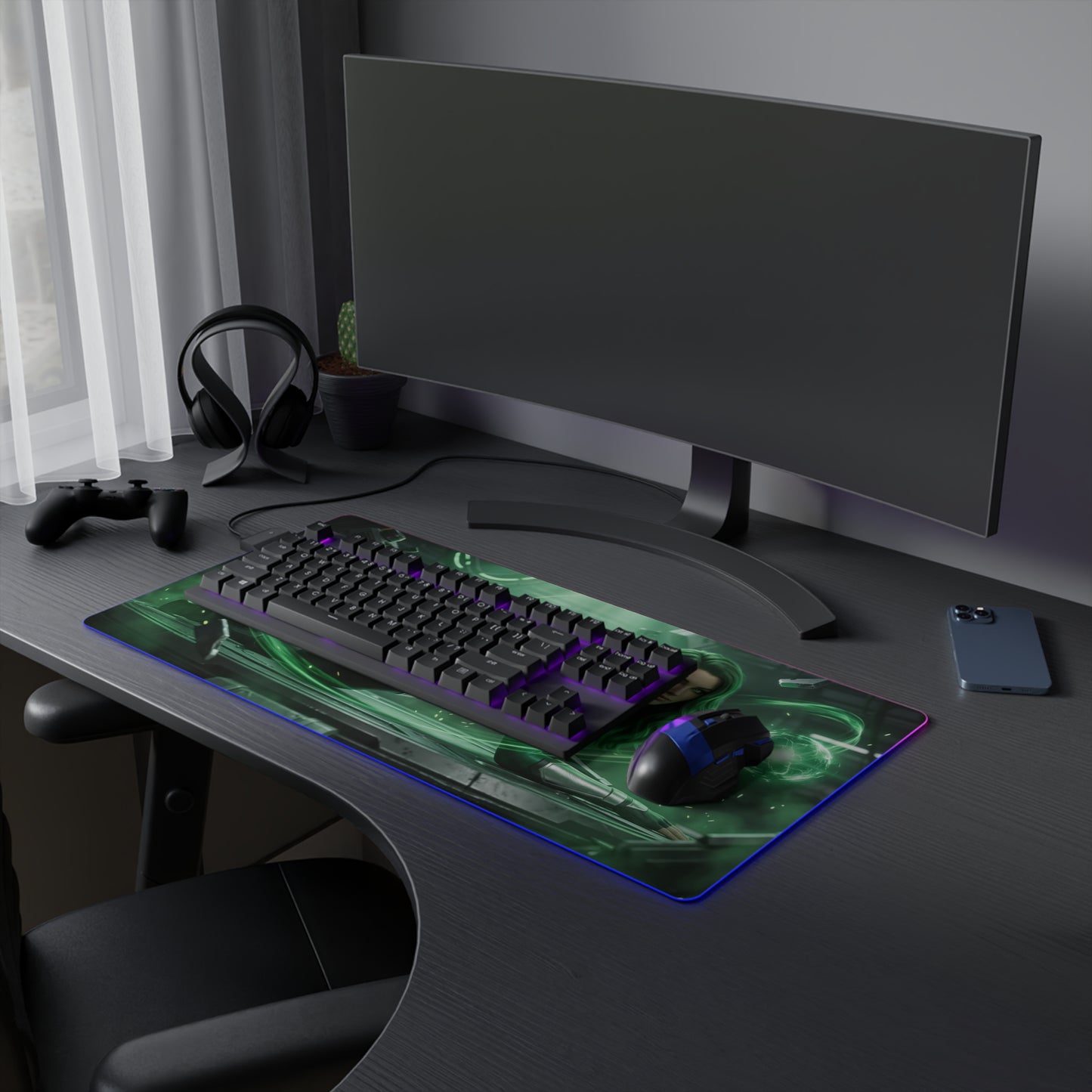 Marvel Mouse Pad, Polaris LED RGB Desk Mat, Gift for Gamer, Superhero Room Decor — green glowing superhero gaming desk mat with RGB edge