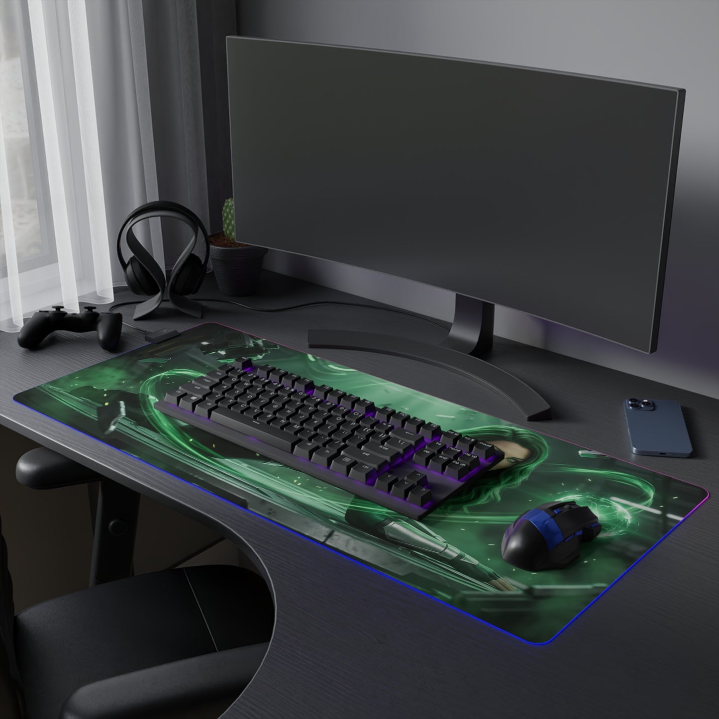 Marvel Mouse Pad, Polaris LED RGB Desk Mat, Gift for Gamer, Superhero Room Decor on desk with green superhero artwork, keyboard and mouse