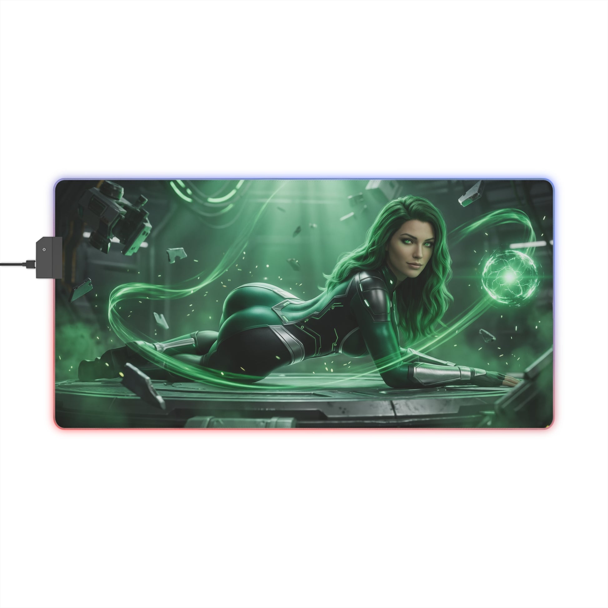 Marvel Mouse Pad, Polaris LED RGB Desk Mat, Gift for Gamer, Superhero Room Decor — green-powered superhero gaming desk mat with glowing aura