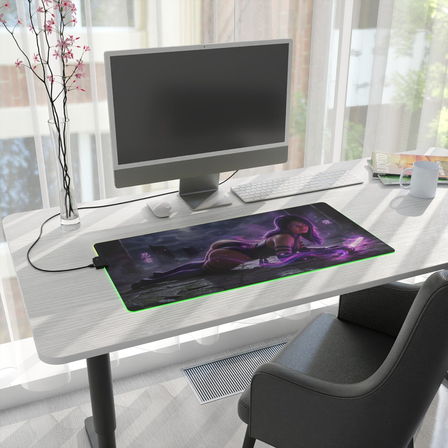 Marvel Mouse Pad, Psylocke LED RGB Desk Mat, Gift for Gamer, Superhero Room Decor — glowing violet psylocke artwork on large RGB gaming desk mat