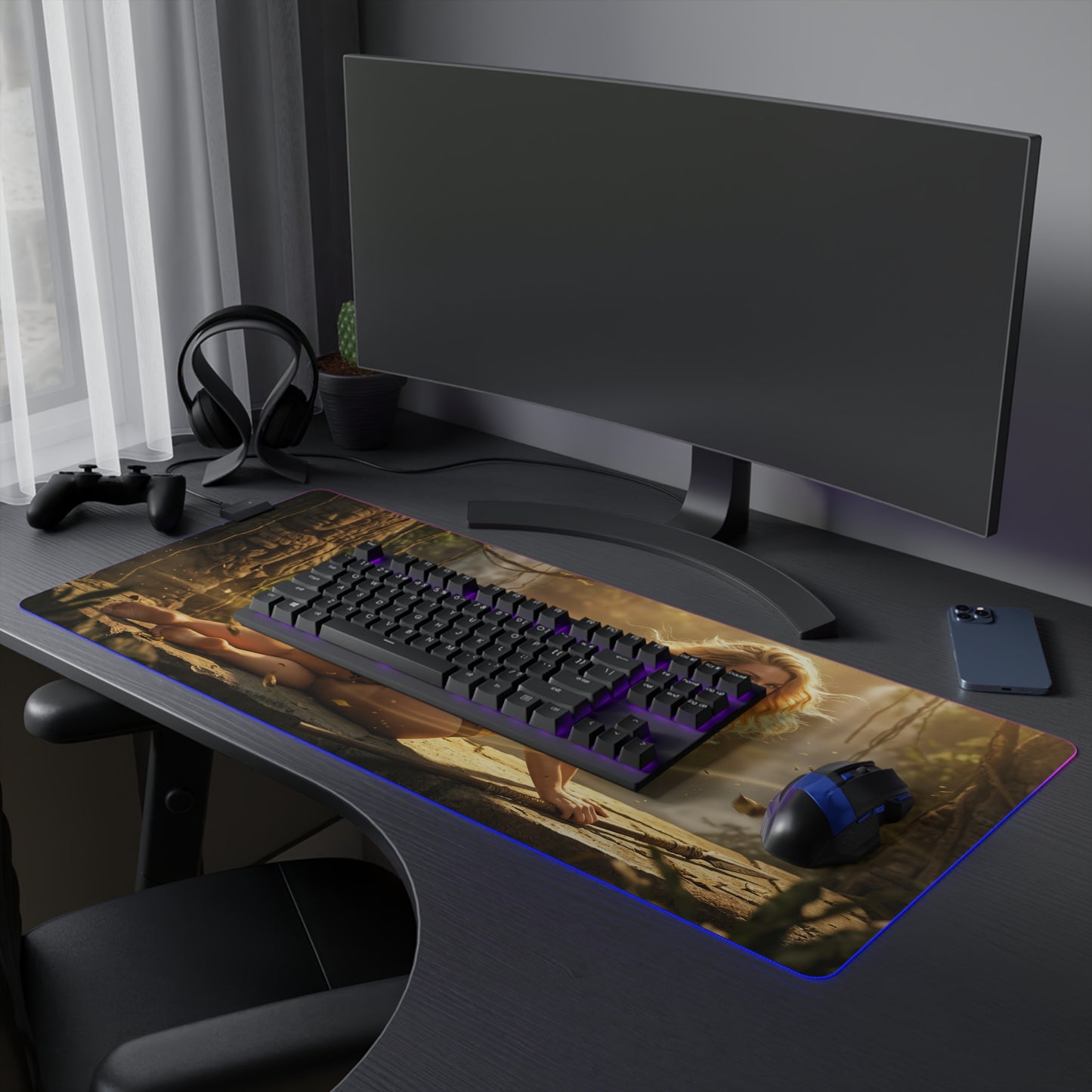 Marvel Mouse Pad, Shanna LED RGB Desk Mat, Gift for Gamer, Jungle Hero Room Decor — large RGB desk mat with Shanna artwork on gaming setup