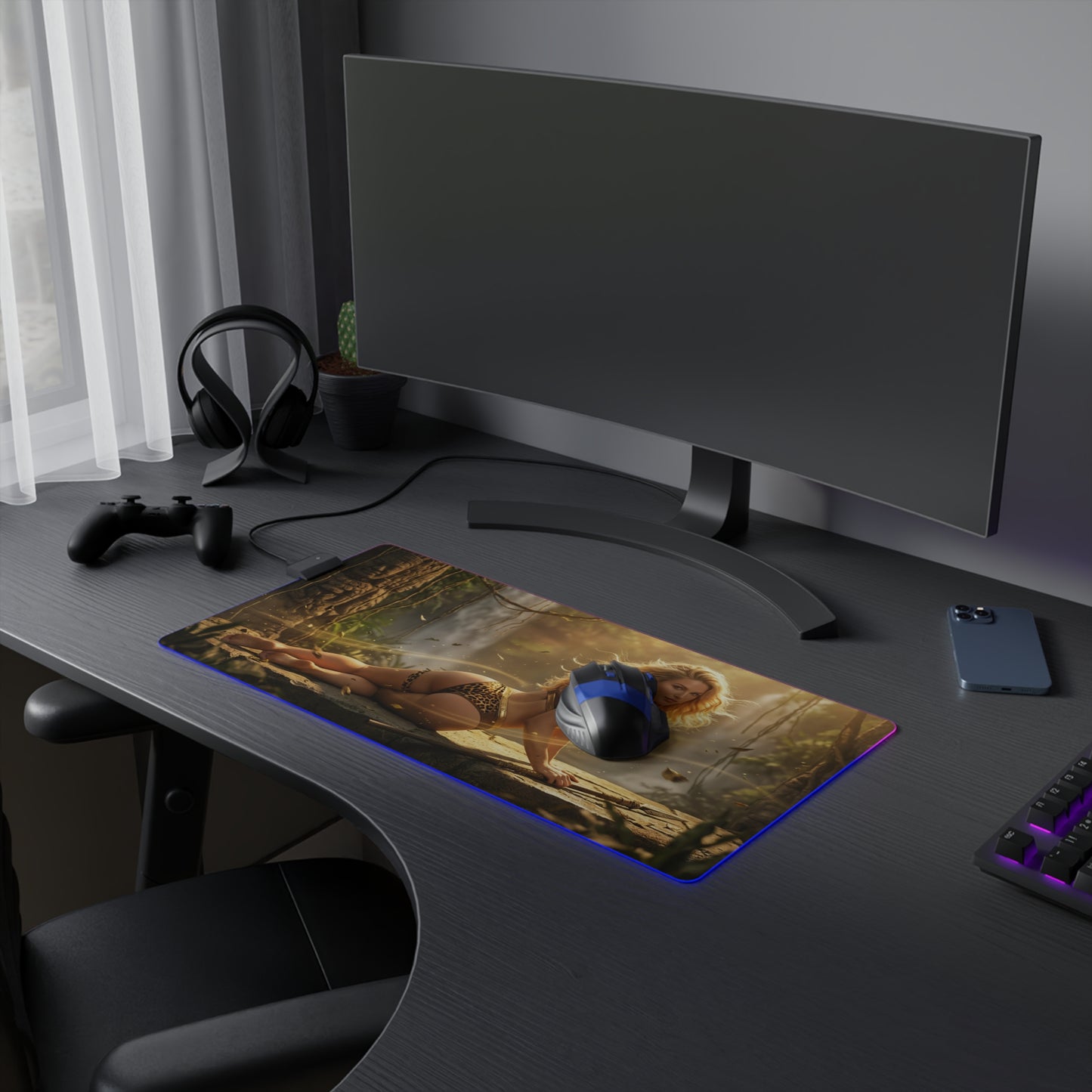 Marvel Mouse Pad, Shanna LED RGB Desk Mat, Gift for Gamer, Jungle Hero Room Decor — RGB desk mat showing Shanna jungle artwork on gaming desk
