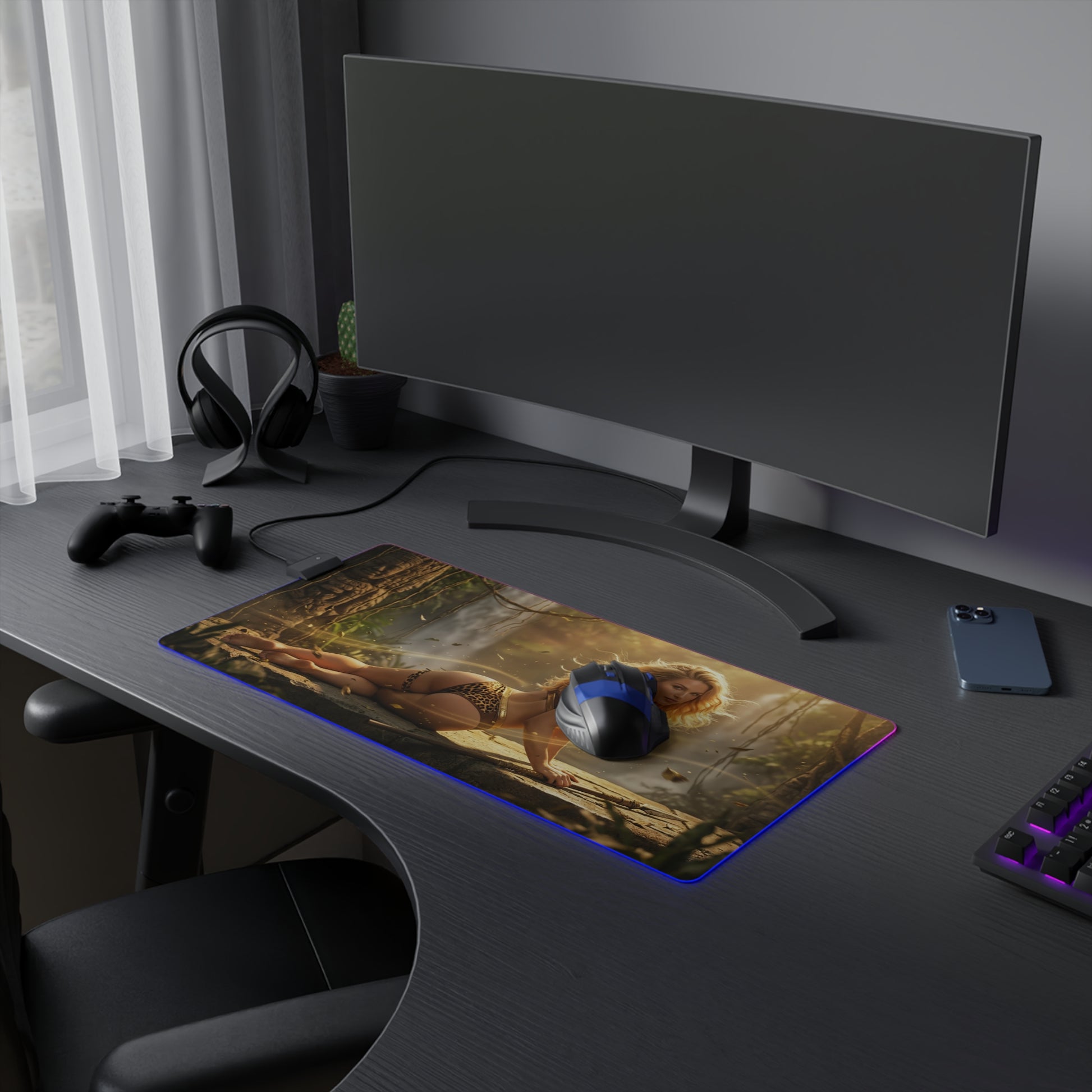 Marvel Mouse Pad, Shanna LED RGB Desk Mat, Gift for Gamer, Jungle Hero Room Decor — RGB desk mat showing Shanna jungle artwork on gaming desk