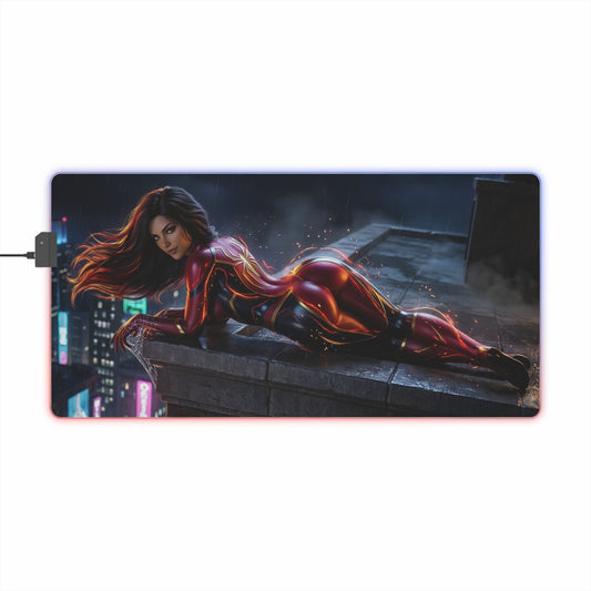 Marvel Mouse Pad, Spider-Woman LED RGB Desk Mat, Gift for Gamer, Superhero Room Decor — Spider-Woman on rooftop, precision cloth gaming mat with RGB glow