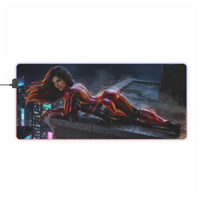 Marvel Mouse Pad, Spider-Woman LED RGB Desk Mat, Gift for Gamer, Superhero Room Decor — Spider-Woman art on rooftop with smooth precision-cloth gaming surface