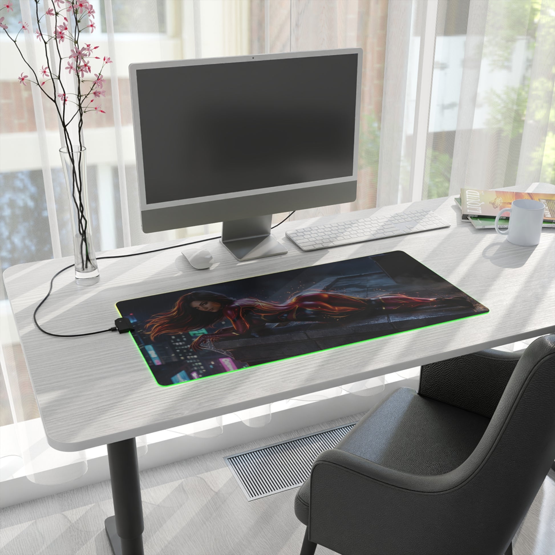 Marvel Mouse Pad, Spider-Woman LED RGB Desk Mat, Gift for Gamer, Superhero Room Decor - Spider-Woman gaming desk mat with RGB edge on modern workstation