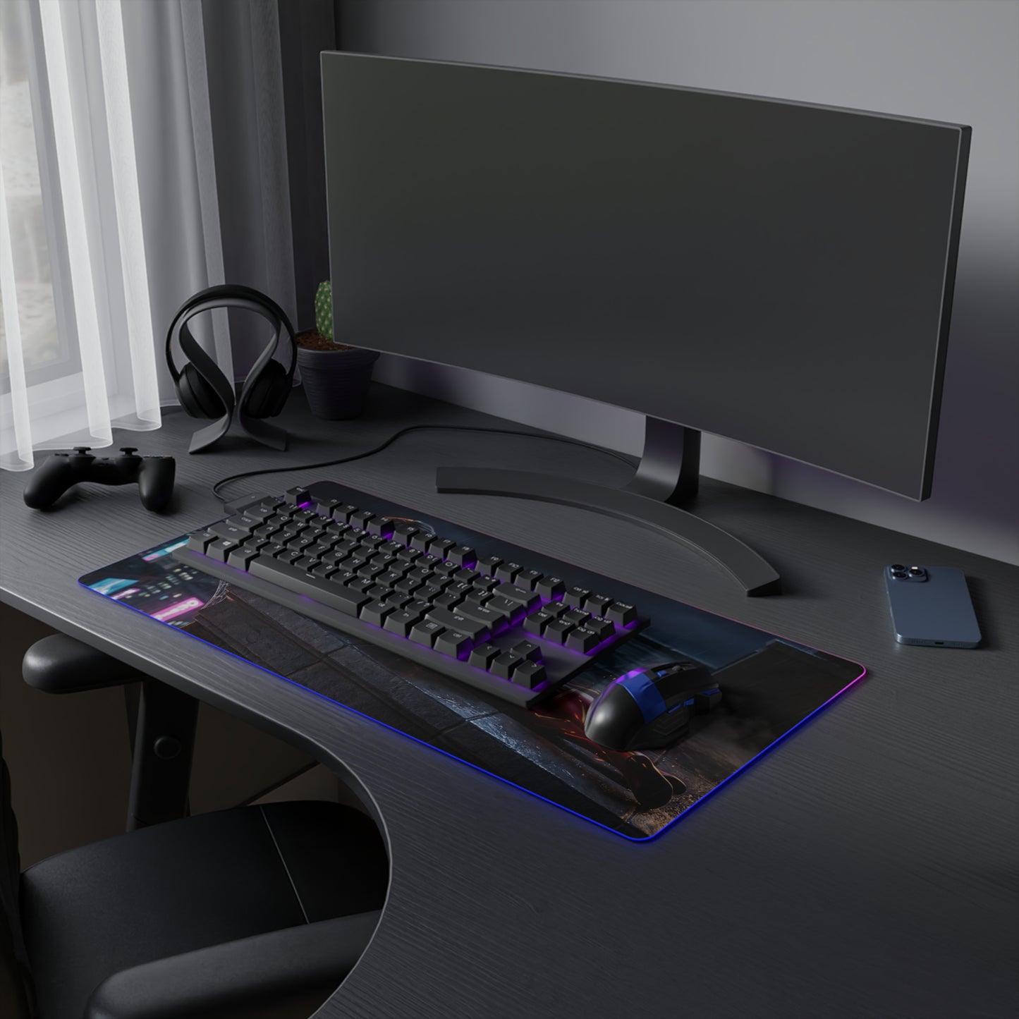 Marvel Mouse Pad, Spider-Woman LED RGB Desk Mat, Gift for Gamer, Superhero Room Decor on gaming desk with keyboard, mouse and RGB lighting