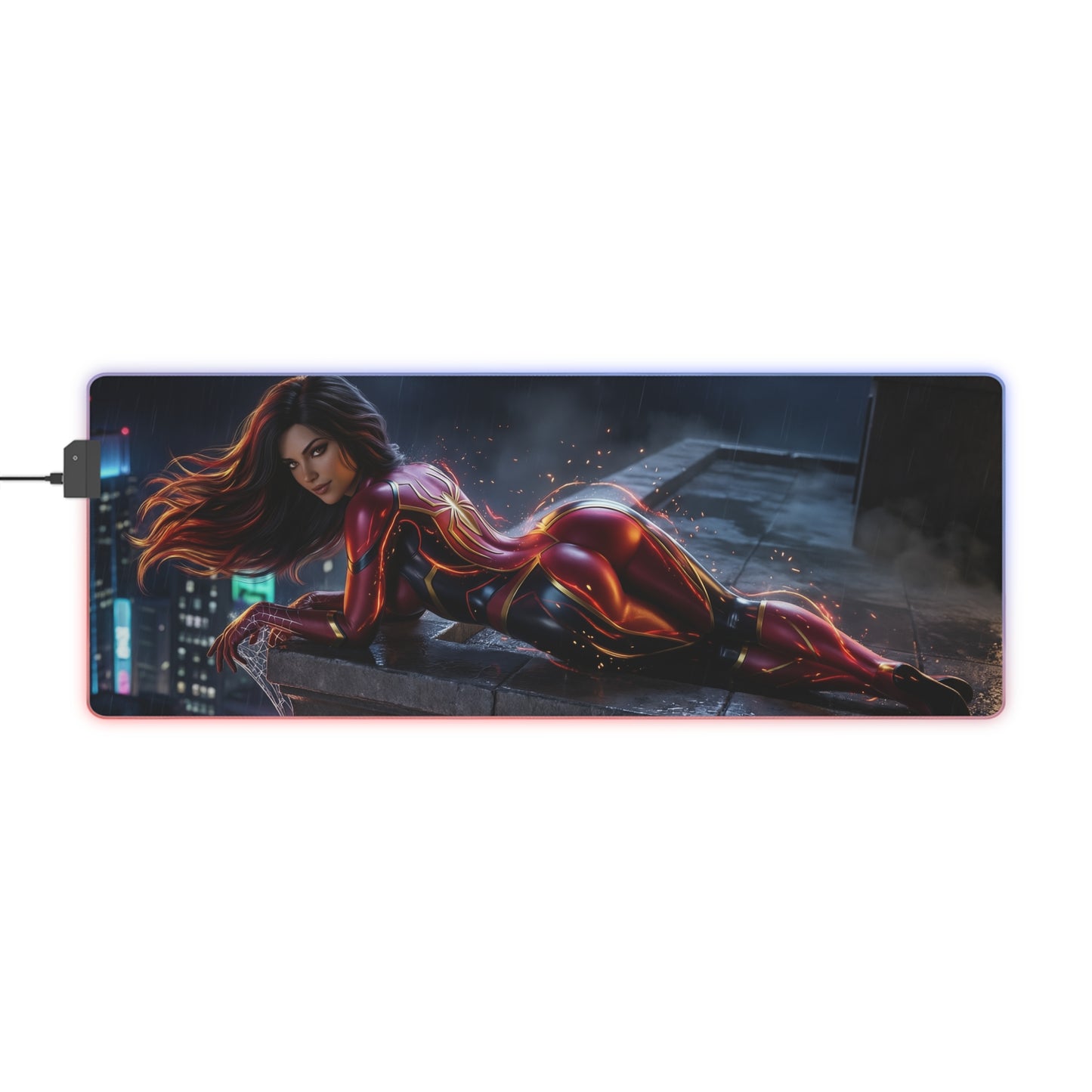 Marvel Mouse Pad, Spider-Woman LED RGB Desk Mat, Gift for Gamer, Superhero Room Decor - Spider-Woman rooftop gaming desk mat with RGB lighting