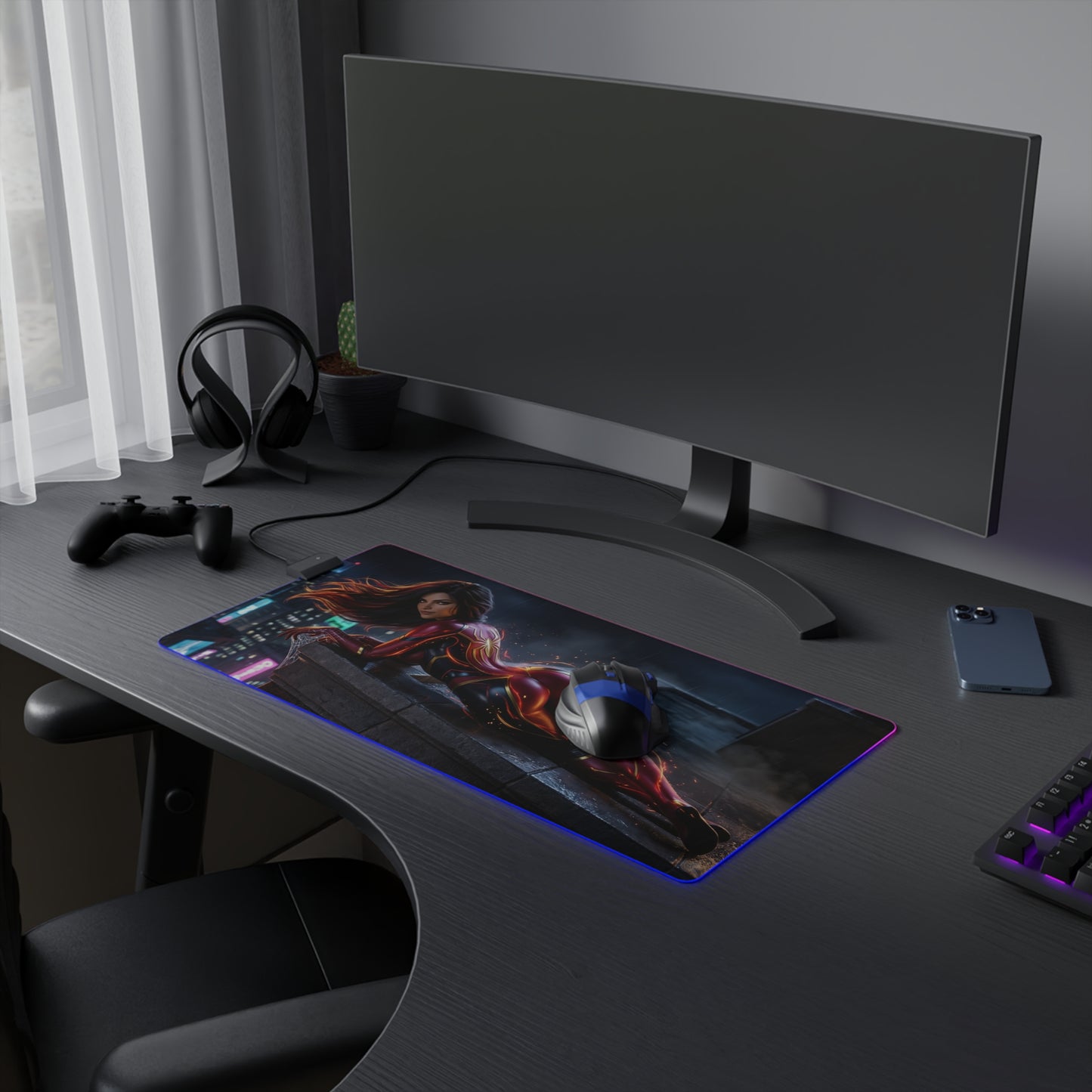 Marvel Mouse Pad, Spider-Woman LED RGB Desk Mat, Gift for Gamer, Superhero Room Decor - Spider-Woman city rooftop gaming desk mat with RGB glow