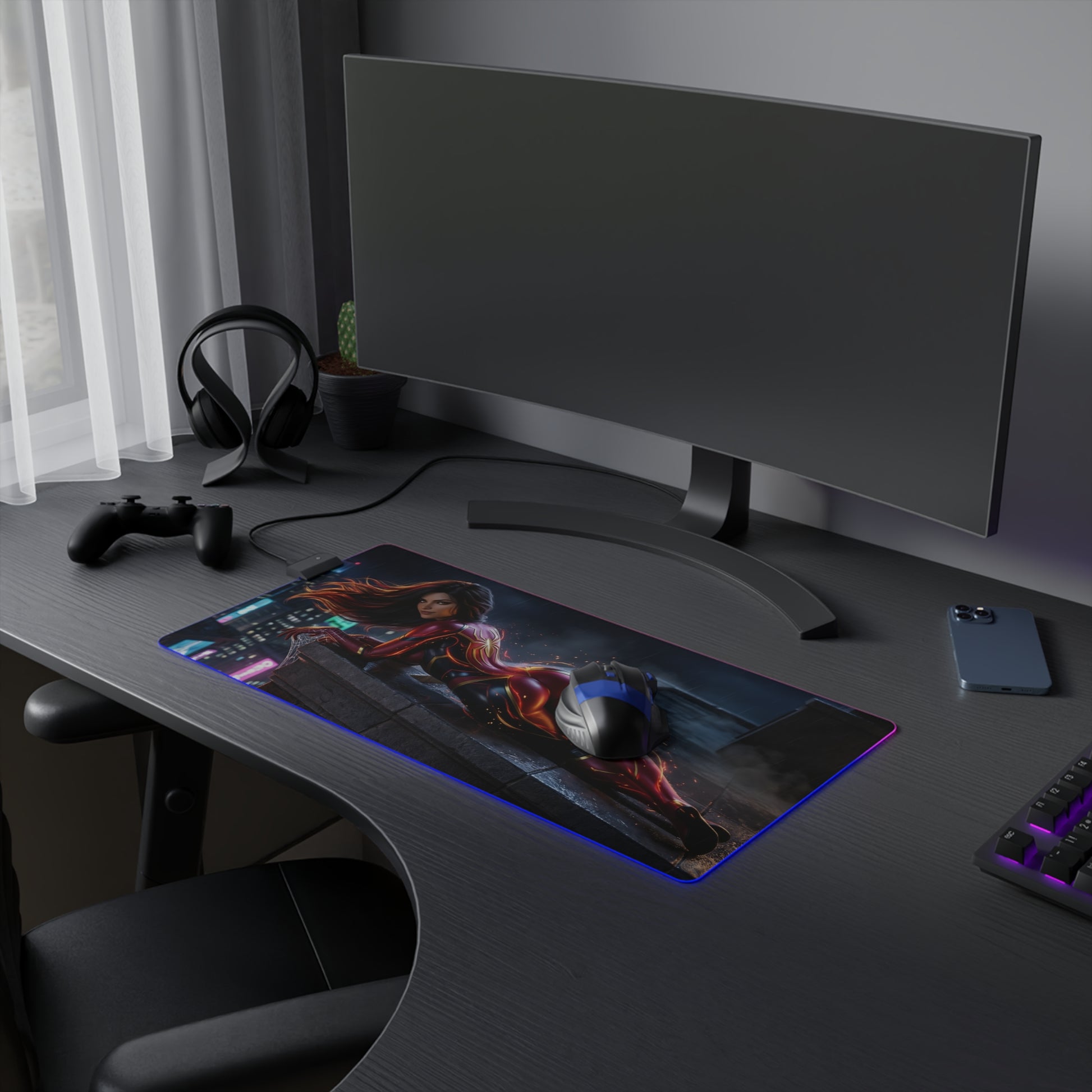 Marvel Mouse Pad, Spider-Woman LED RGB Desk Mat, Gift for Gamer, Superhero Room Decor - Spider-Woman city rooftop gaming desk mat with RGB glow