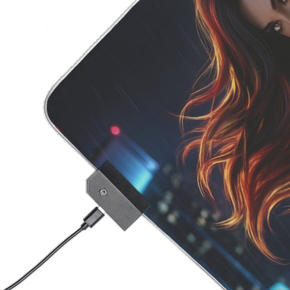 Marvel Mouse Pad, Spider-Woman LED RGB Desk Mat, Gift for Gamer, Superhero Room Decor — close-up of LED corner, smooth cloth surface and Spider-Woman artwork