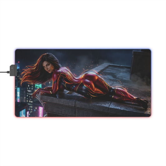 Marvel Mouse Pad, Spider-Woman LED RGB Desk Mat, Gift for Gamer, Superhero Room Decor - Spider-Woman rooftop gaming desk mat with RGB glow