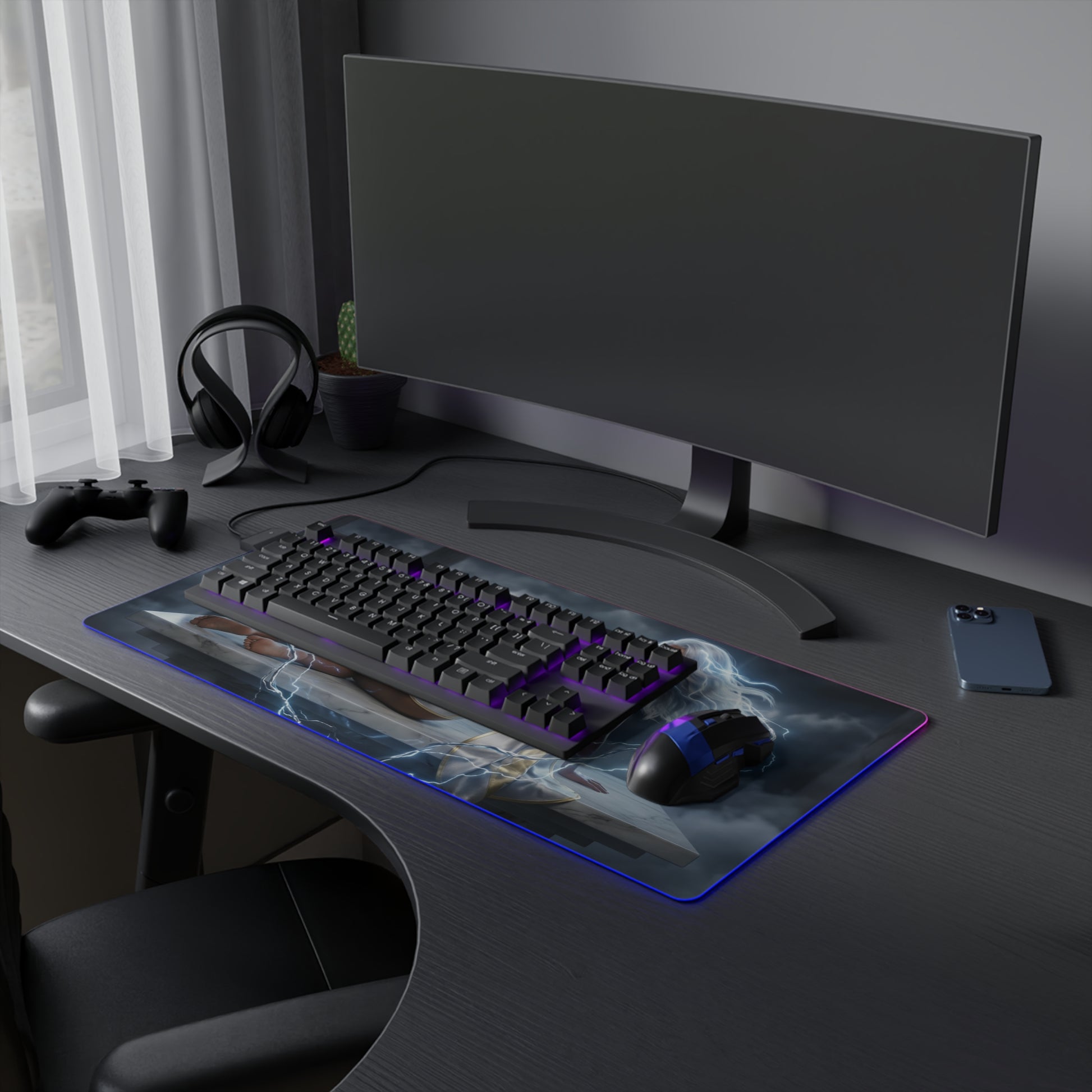 Marvel Mouse Pad, Storm LED RGB Desk Mat, Gift for Gamer, Superhero Room Decor - large RGB gaming desk mat featuring Storm artwork, lightning aura