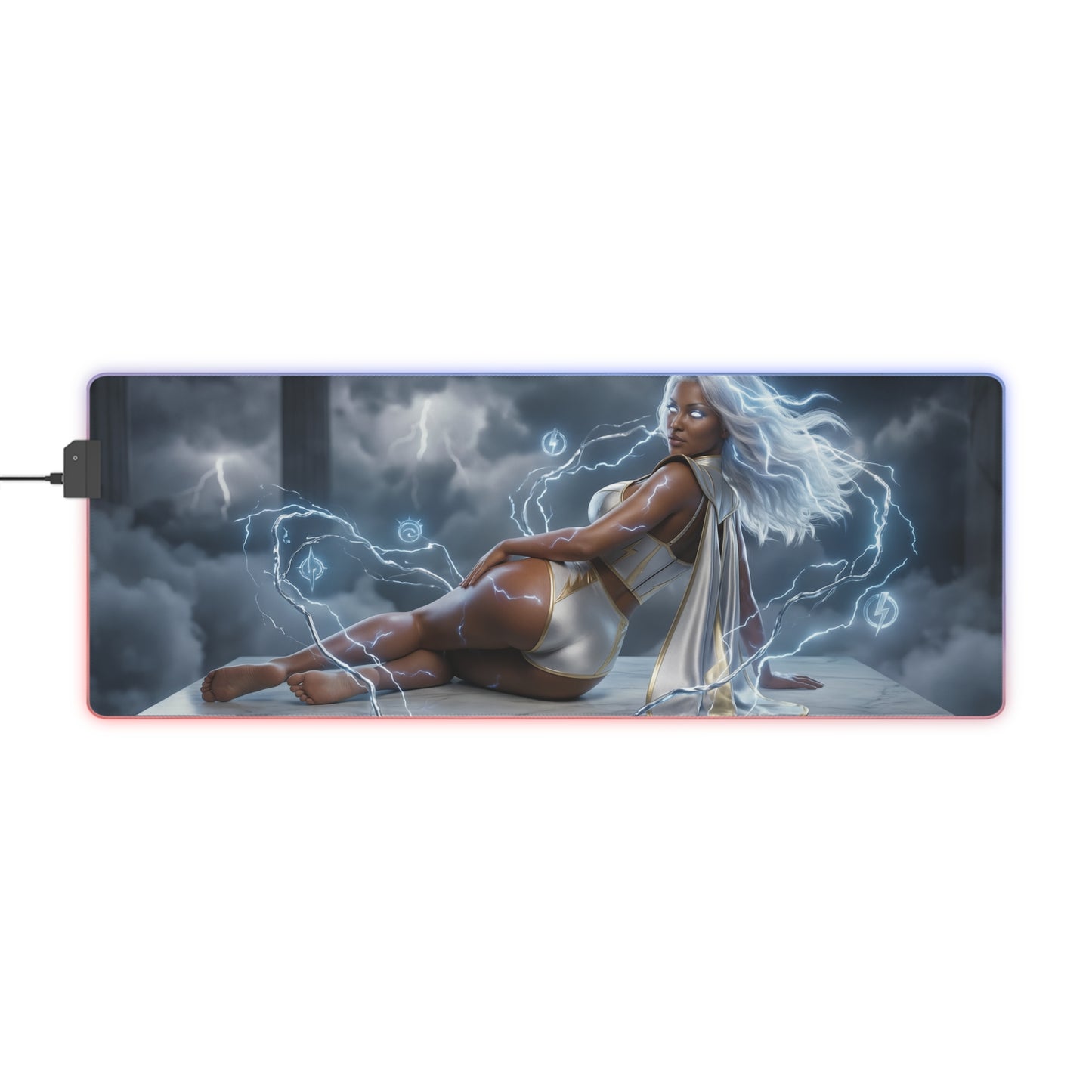 Marvel Mouse Pad, Storm LED RGB Desk Mat, Gift for Gamer, Superhero Room Decor — Storm artwork with lightning aura on RGB gaming desk mat