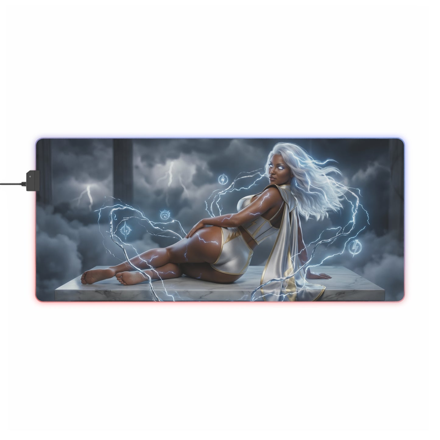 Marvel Mouse Pad, Storm LED RGB Desk Mat, Gift for Gamer, Superhero Room Decor — Storm artwork on RGB desk mat with lightning aura and smooth gaming surface