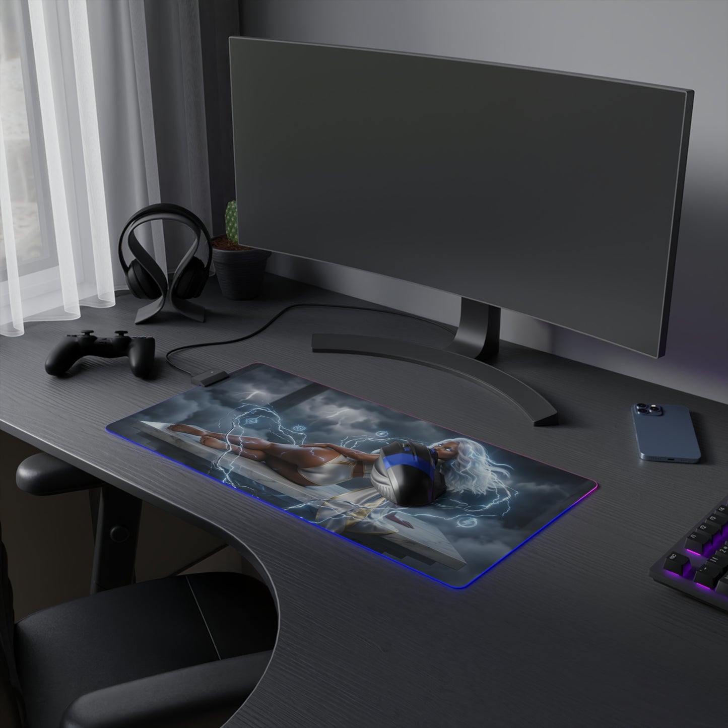 Marvel Mouse Pad, Storm LED RGB Desk Mat, Gift for Gamer, Superhero Room Decor - Storm artwork RGB desk mat on gaming setup