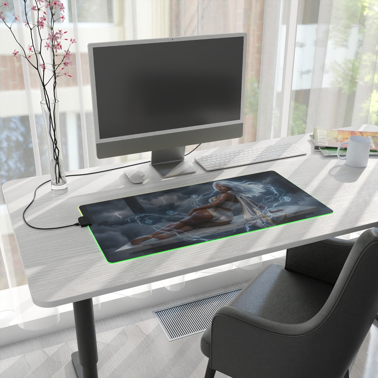 Marvel Mouse Pad, Storm LED RGB Desk Mat, Gift for Gamer, Superhero Room Decor — Storm artwork RGB desk mat on clean modern gaming desk