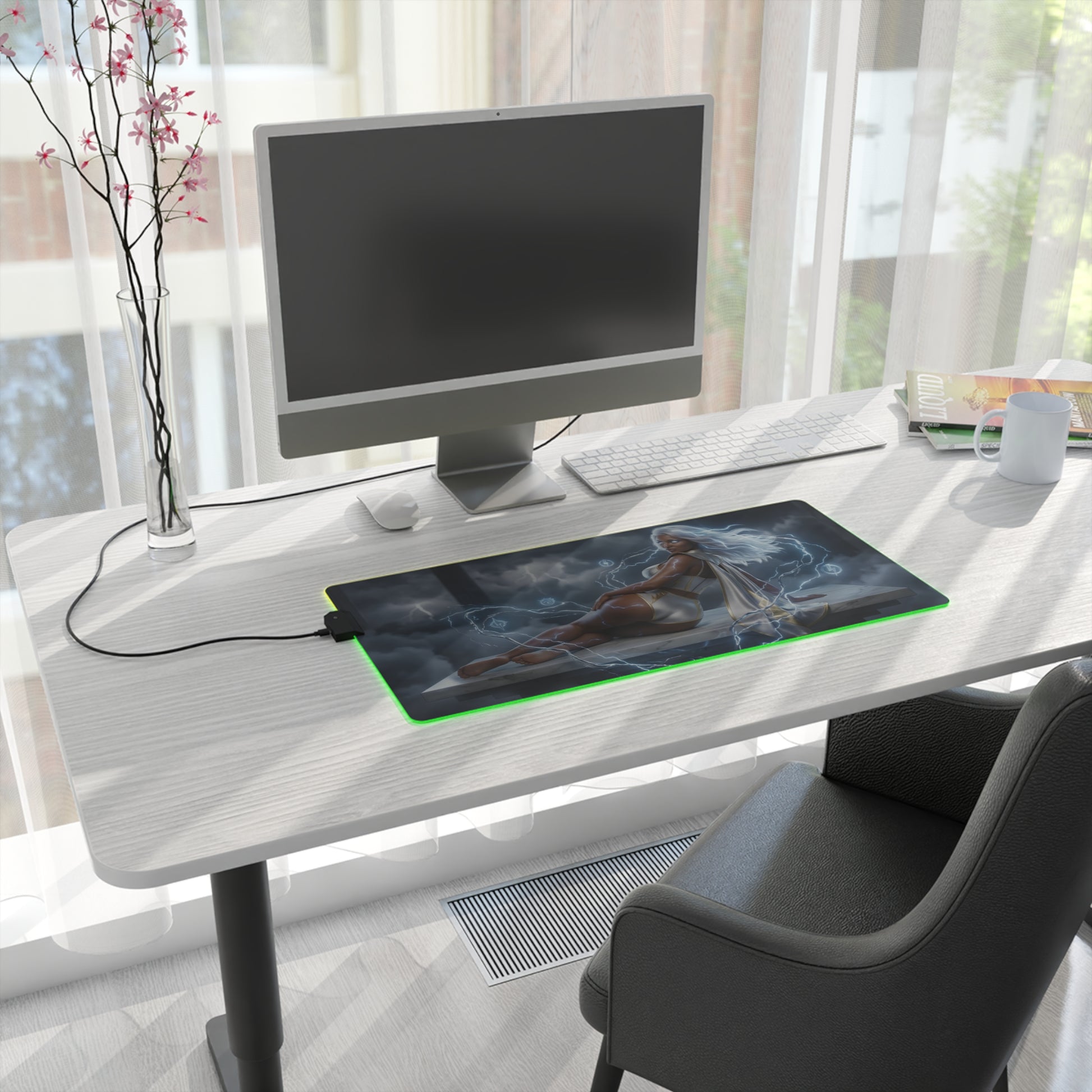 Marvel Mouse Pad, Storm LED RGB Desk Mat, Gift for Gamer, Superhero Room Decor on modern white desk with computer — Storm artwork, RGB edge