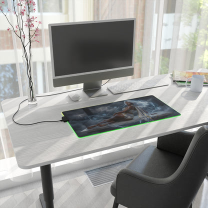 Marvel Mouse Pad, Storm LED RGB Desk Mat, Gift for Gamer, Superhero Room Decor on modern white desk with computer — Storm artwork, RGB edge