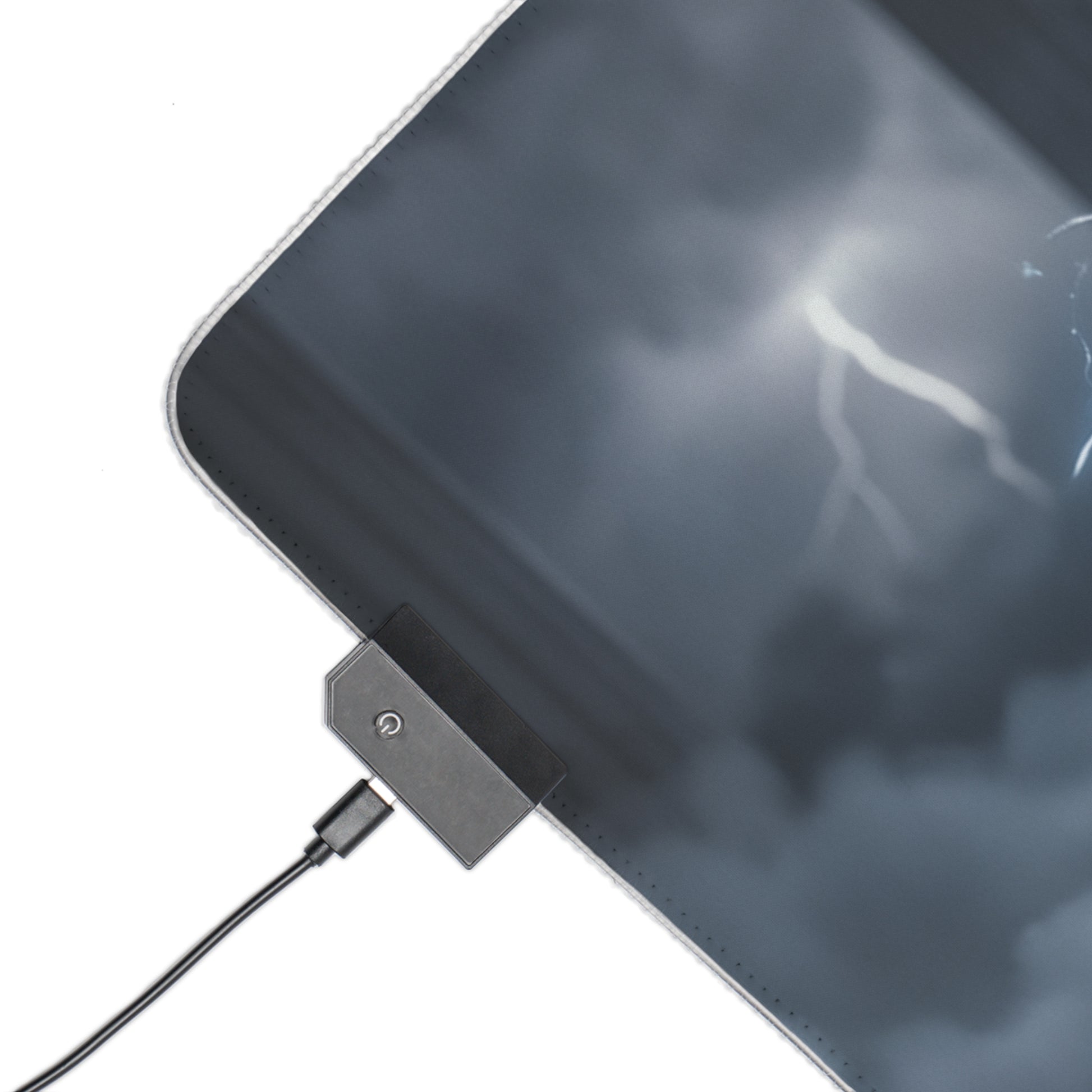 Marvel Mouse Pad, Storm LED RGB Desk Mat, Gift for Gamer, Superhero Room Decor — close-up of RGB corner with lightning art and USB power connection