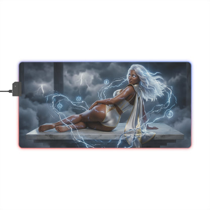Marvel Mouse Pad, Storm LED RGB Desk Mat, Gift for Gamer, Superhero Room Decor — Storm reclining on marble slab with white hair and lightning aura