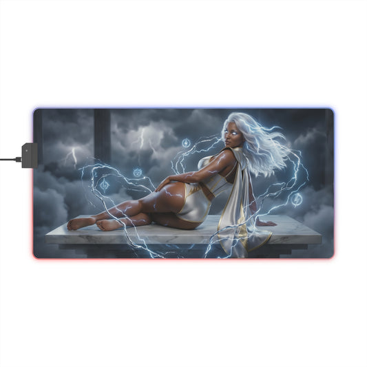 Marvel Mouse Pad, Storm LED RGB Desk Mat, Gift for Gamer, Superhero Room Decor — Storm reclining on marble slab with white hair and lightning aura