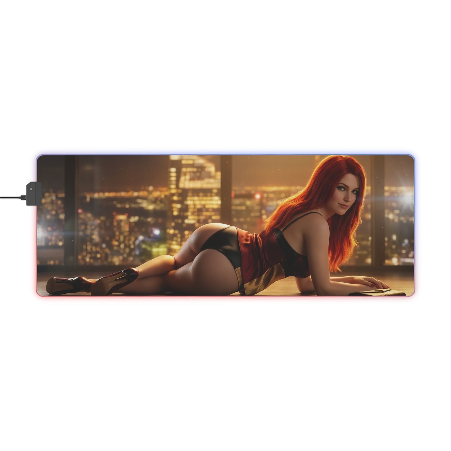 Marvel Mouse Pad, Mary Jane LED RGB Desk Mat, Gift for Gamer, Superhero Room Decor — LED gaming desk mat with Mary Jane in red city-night scene