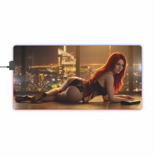 Marvel Mouse Pad, Mary Jane LED RGB Desk Mat, Gift for Gamer, Superhero Room Decor featuring Mary Jane reclining against a city-night skyline with RGB edge lighting