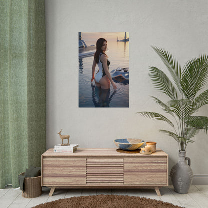 Mass Effect Poster – Miranda Lawson Art Print, Sci-Fi Game Wall Art - cinematic Miranda Lawson in water at sunset, futuristic sci‑fi decor