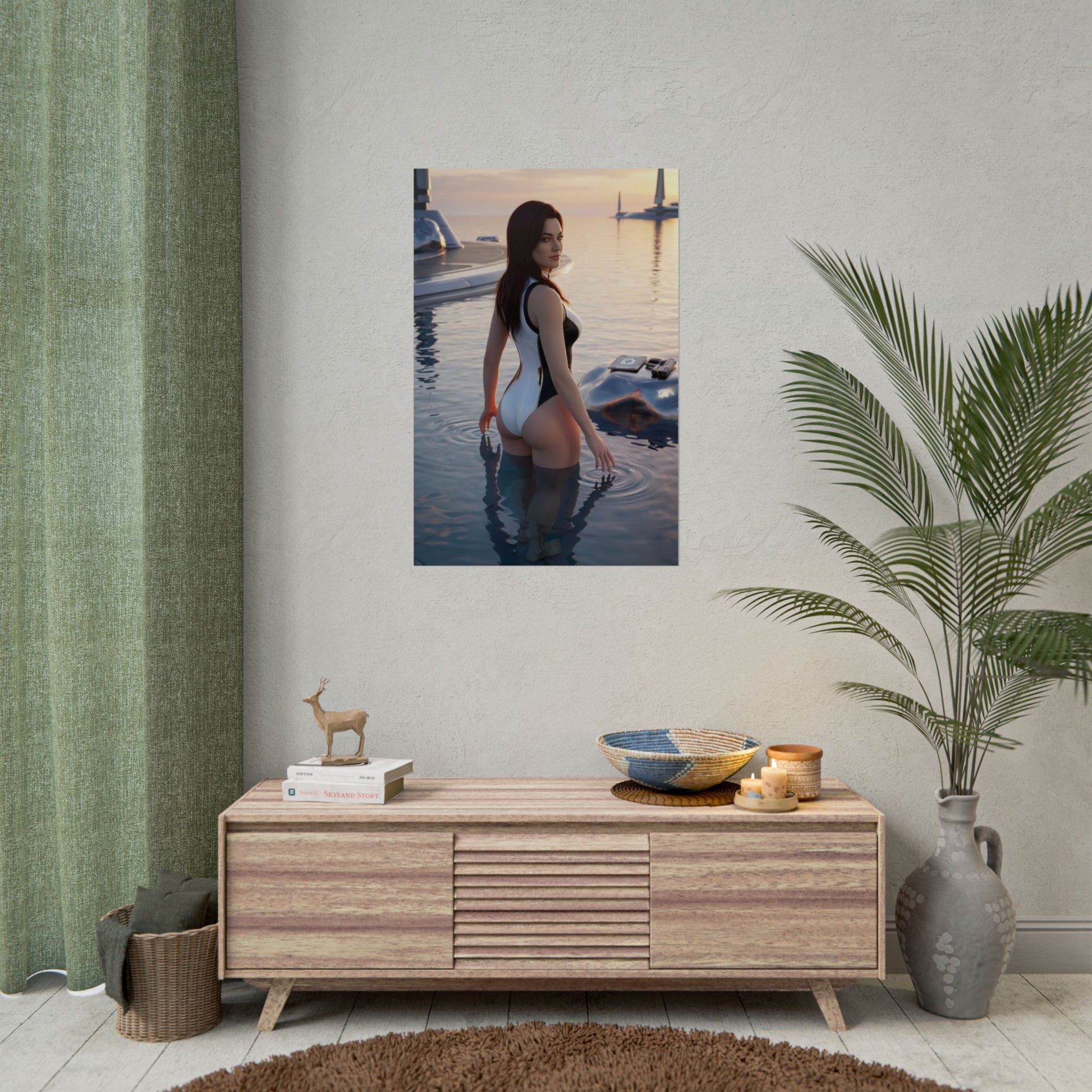 Mass Effect Poster – Miranda Lawson Art Print, Sci-Fi Game Wall Art featuring Miranda standing in ocean at sunset with futuristic structures