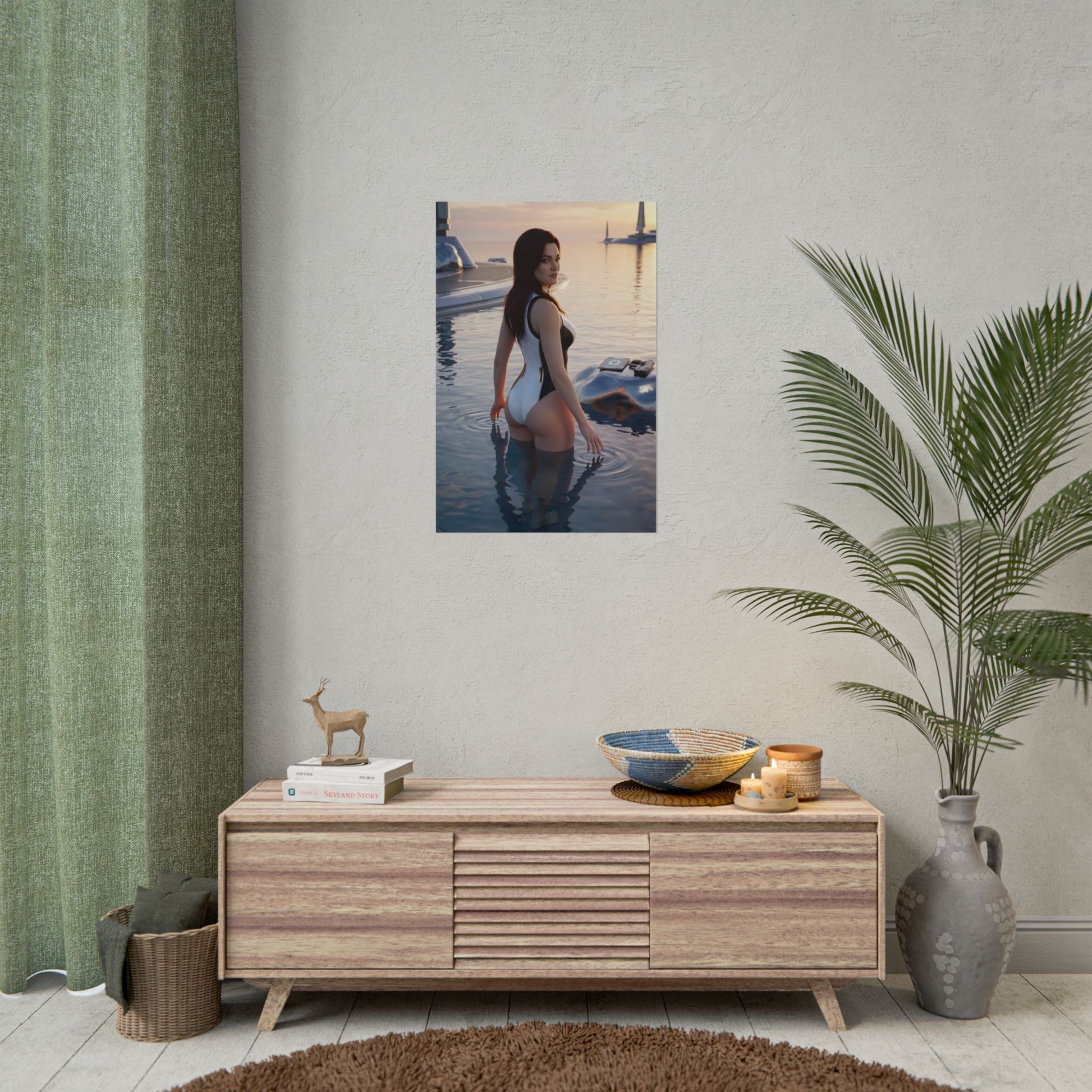 Mass Effect Poster – Miranda Lawson Art Print, Sci-Fi Game Wall Art showing Miranda in a white suit standing in ocean water at sunset