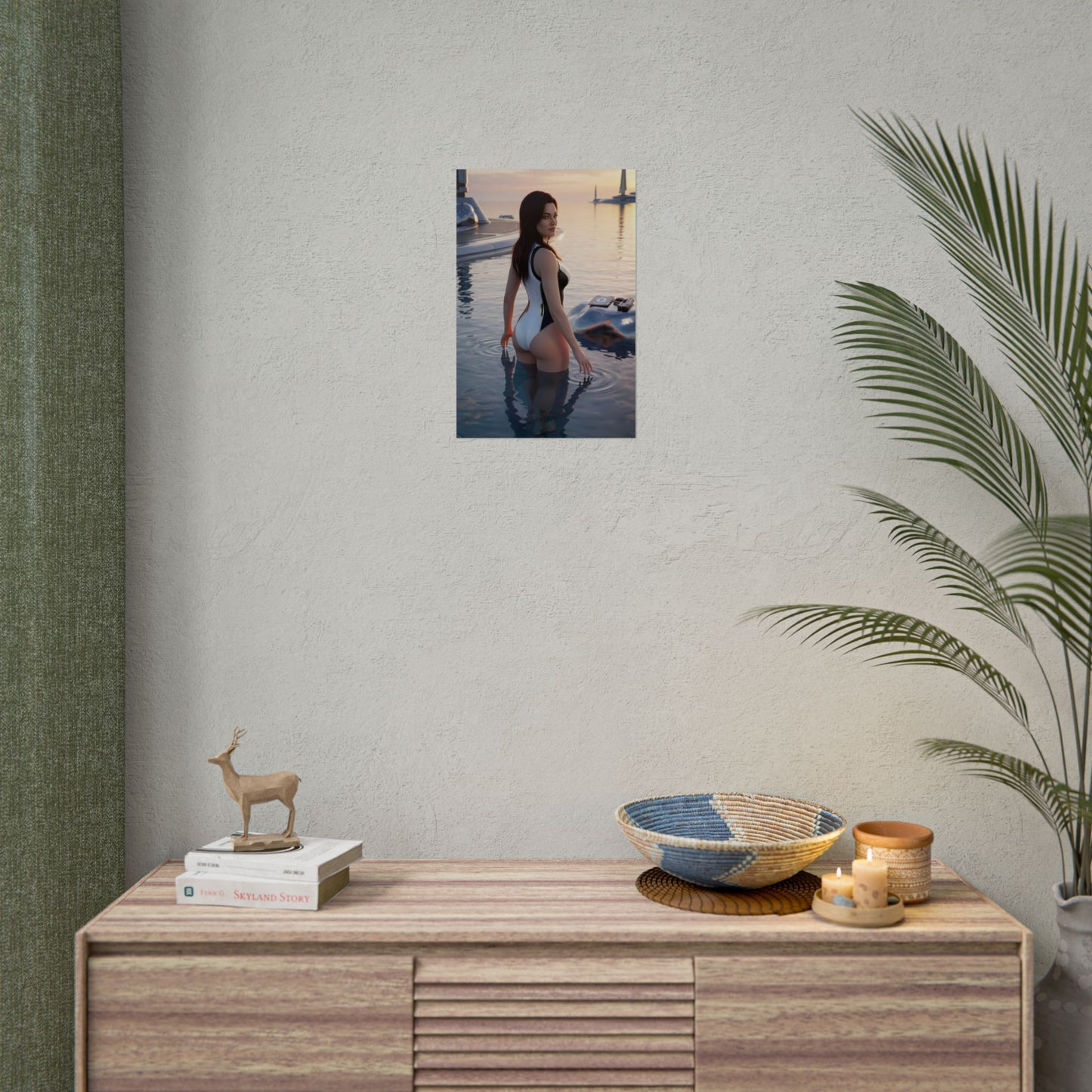 Mass Effect Poster – Miranda Lawson Art Print, Sci-Fi Game Wall Art - cinematic Miranda Lawson in ocean at sunset, futuristic structures