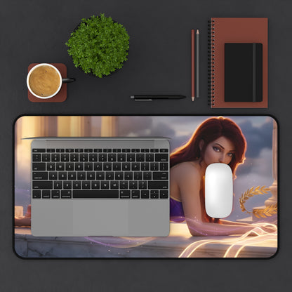 Megara Mouse Pad – Mythology Gaming Mouse Pad, Stylish Gamer Desk Decor showing myth-inspired character artwork on a large desk mat with laptop and mouse