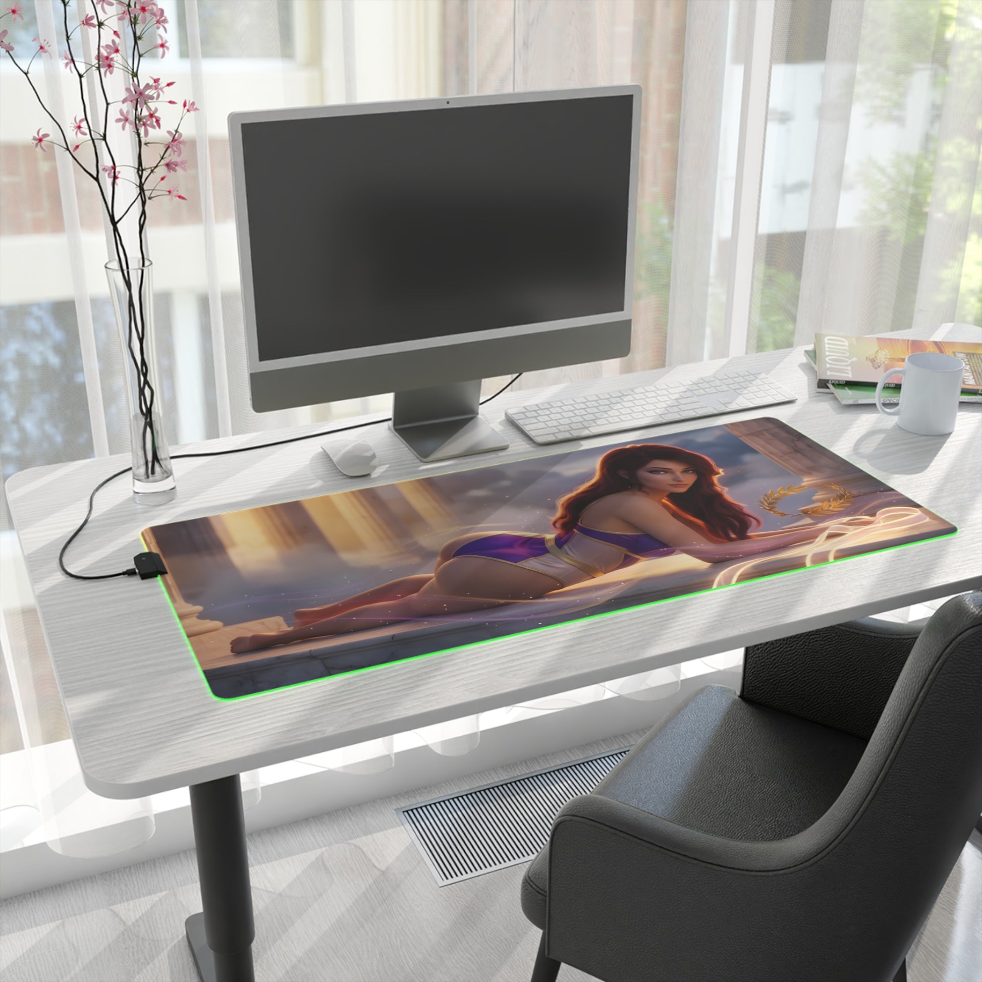 Megara RGB Mouse Pad – Hercules LED Desk Mat, Fantasy Gamer Decor showing heroine artwork on extended RGB desk mat in modern gaming setup