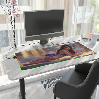 Megara RGB Mouse Pad – Hercules LED Desk Mat, Fantasy Gamer Decor showing heroine artwork on extended RGB desk mat in modern gaming setup