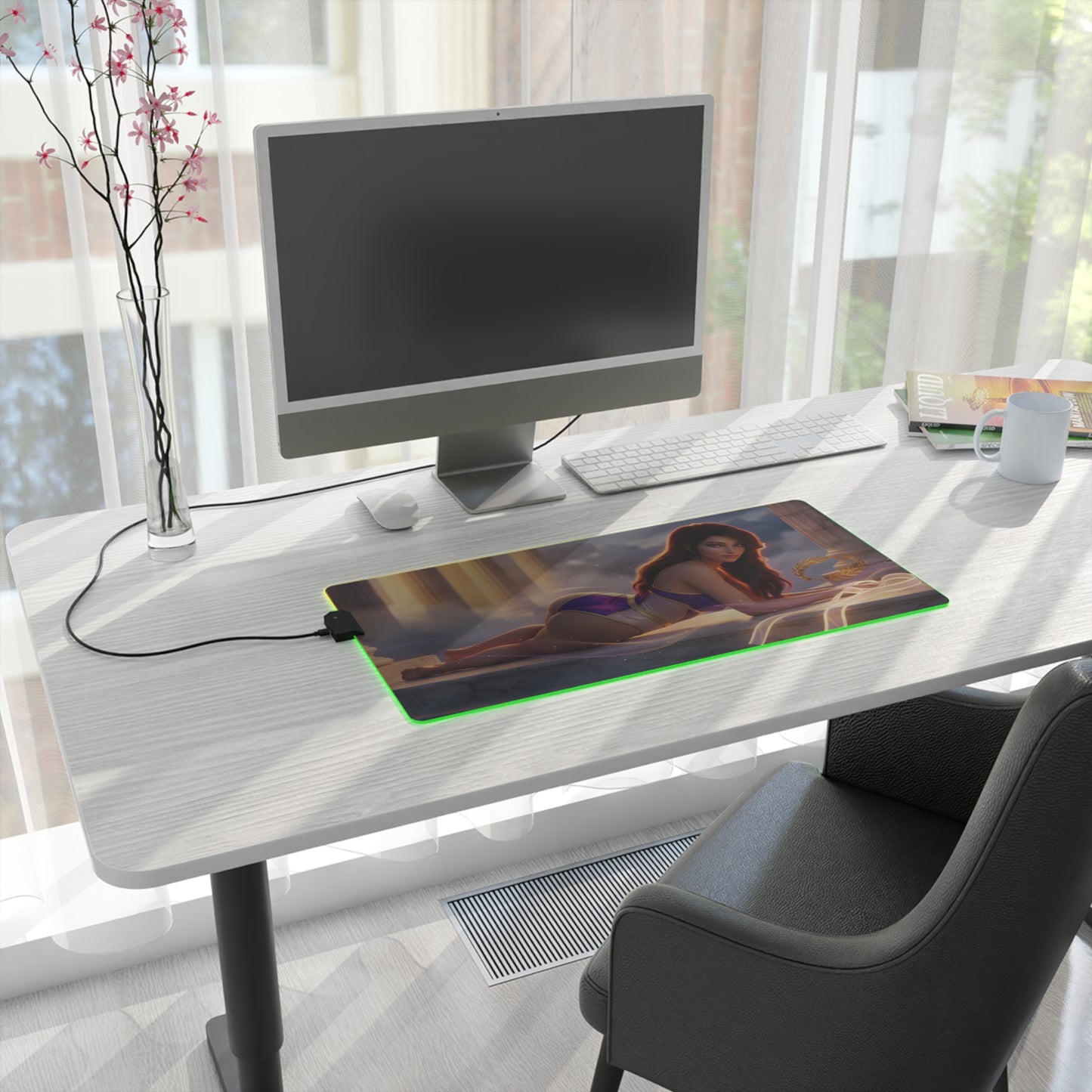Megara RGB Mouse Pad – Hercules LED Desk Mat, Fantasy Gamer Decor on bright desk with RGB edge lighting and Hercules fantasy heroine art