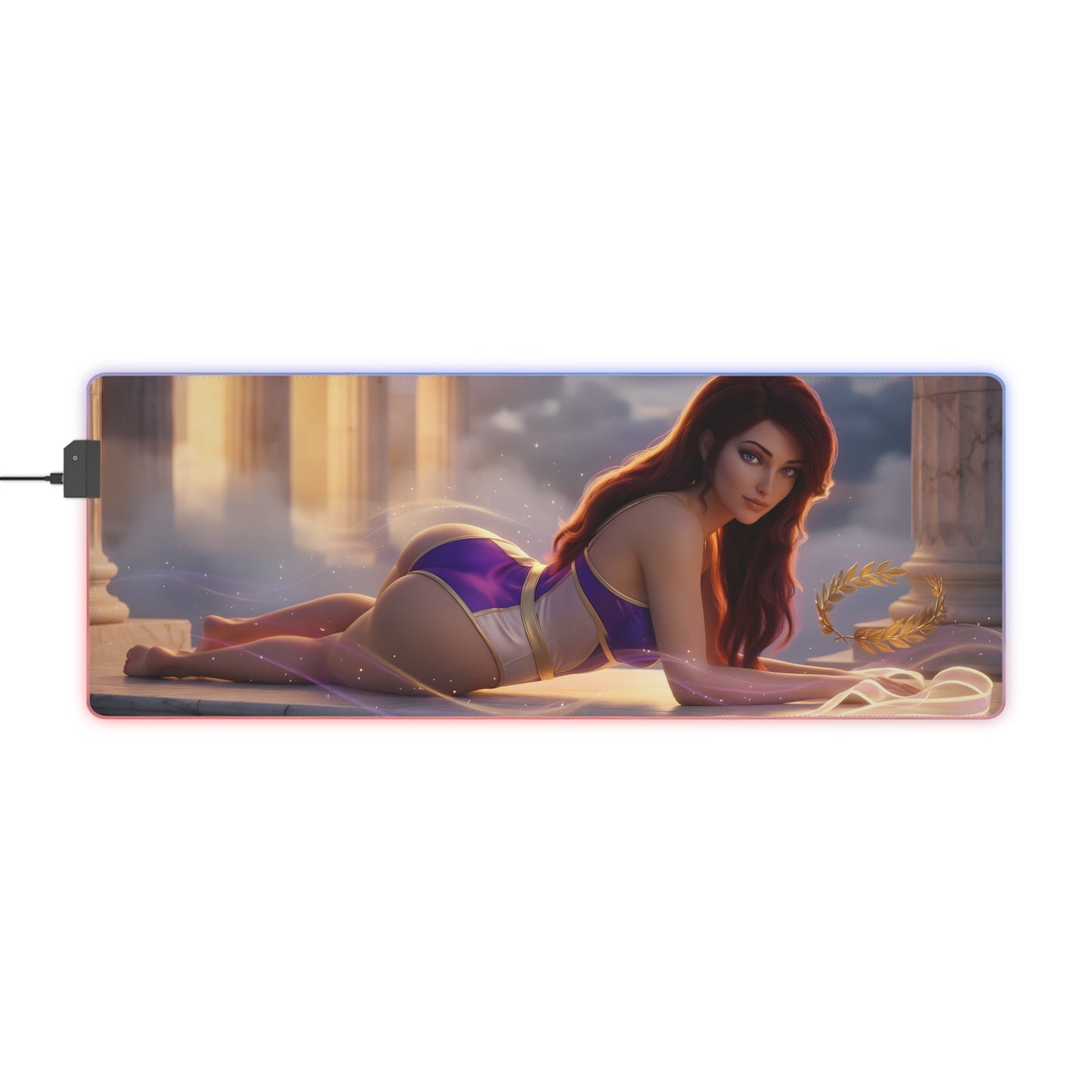 Megara RGB Mouse Pad – Hercules LED Desk Mat, Fantasy Gamer Decor featuring reclining Hercules-inspired heroine, vibrant RGB edge lighting and extended desk surface
