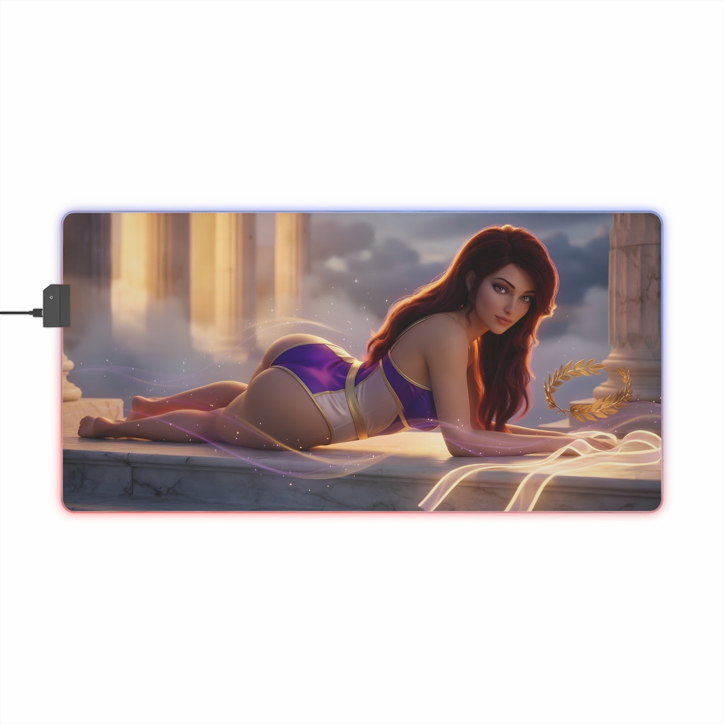 Megara RGB Mouse Pad – Hercules LED Desk Mat, Fantasy Gamer Decor featuring heroine artwork, vibrant RGB edge lighting, extended anti-slip desk mat