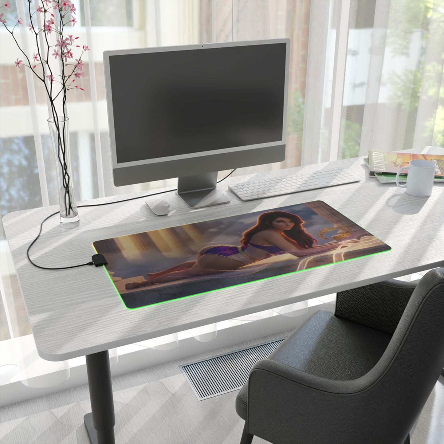 Megara RGB Mouse Pad – Hercules LED Desk Mat, Fantasy Gamer Decor showing heroine artwork on extended RGB desk mat with green edge lighting